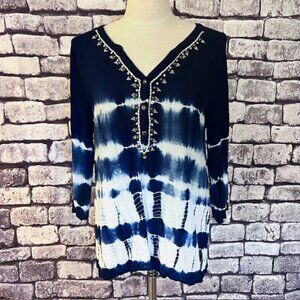 Bandolino Blue & White V-Neck Blouse Size L